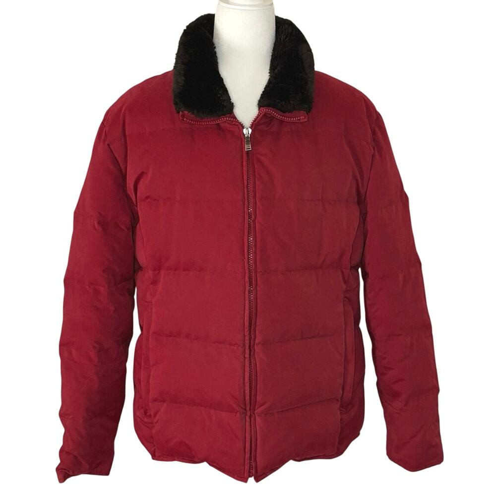 Marc New York Quilted Down Puffer Jacket Women's XL Red Faux Fur Collar Cozy